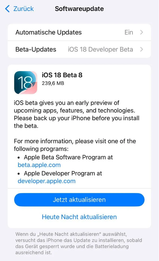 蒲江苹果手机维修分享苹果 iOS / iPadOS 18 开发者预览版 Beta 8 发布 